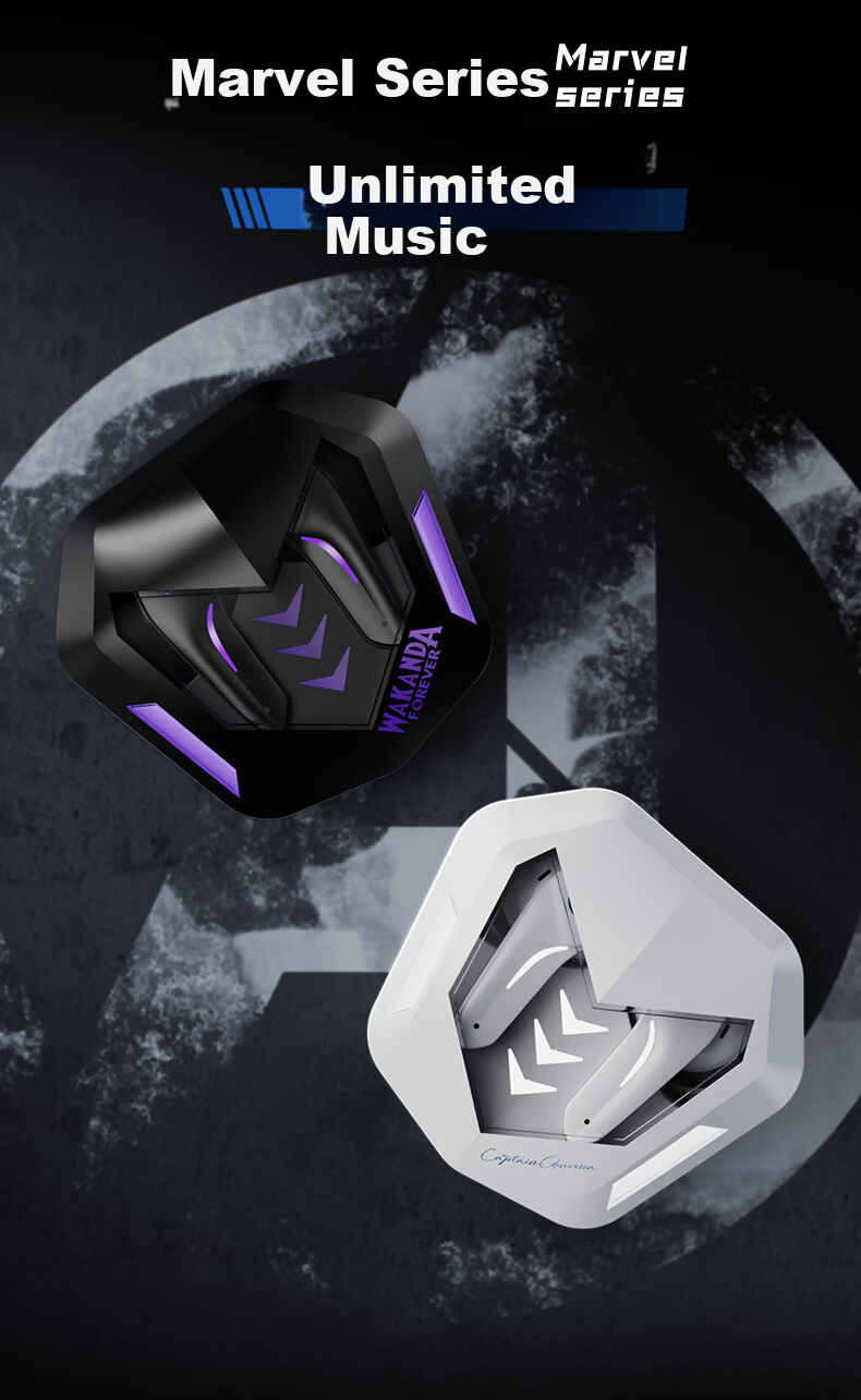 DISNEY Marvel Collaboration Bluetooth Earphones High-Value Mecha Gaming Surround Sound In-Ear Headphones Back-to-School Gift for Boys MR63 Black Panther 2