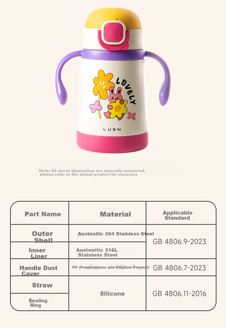LUSN Kids Insulated Straw Cup Baby Sippy Cup Infant Drinking Cup Baby Bottle Kindergarten 316L Stainless Steel Water Bottle 14