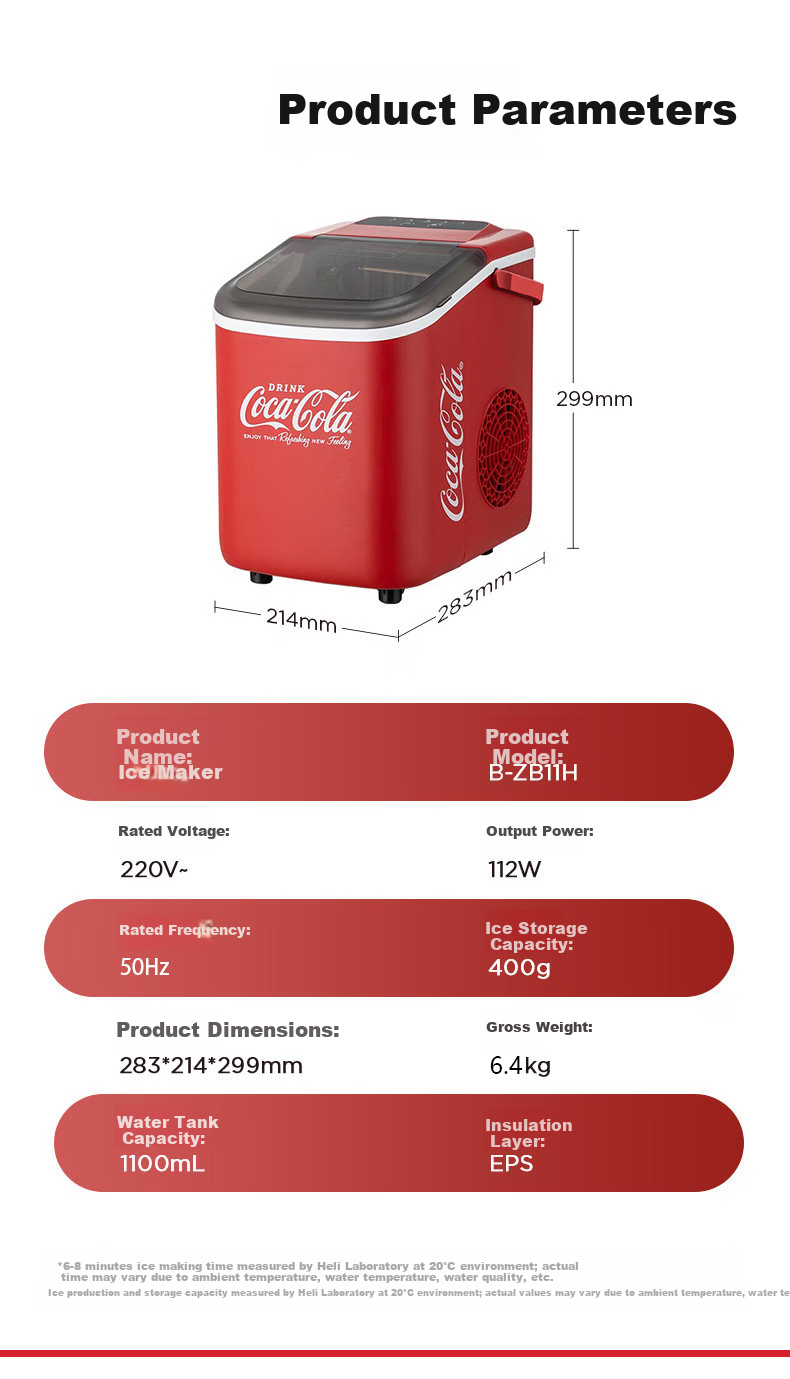 Coca-Cola Home Use Small Fully Automatic Ice Maker with One-Touch Cleaning, Adjustable Bullet and Large Ice Cubes, Mini Dormitory Ice Machine 1.1L 20