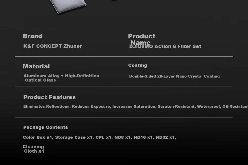 K&F CONCEPT DJI Action 6 ND Neutral Density Filter CPL Polarizer Black Soft 1/4 Photography UV Lens Protector Camera Filter Accessories 24