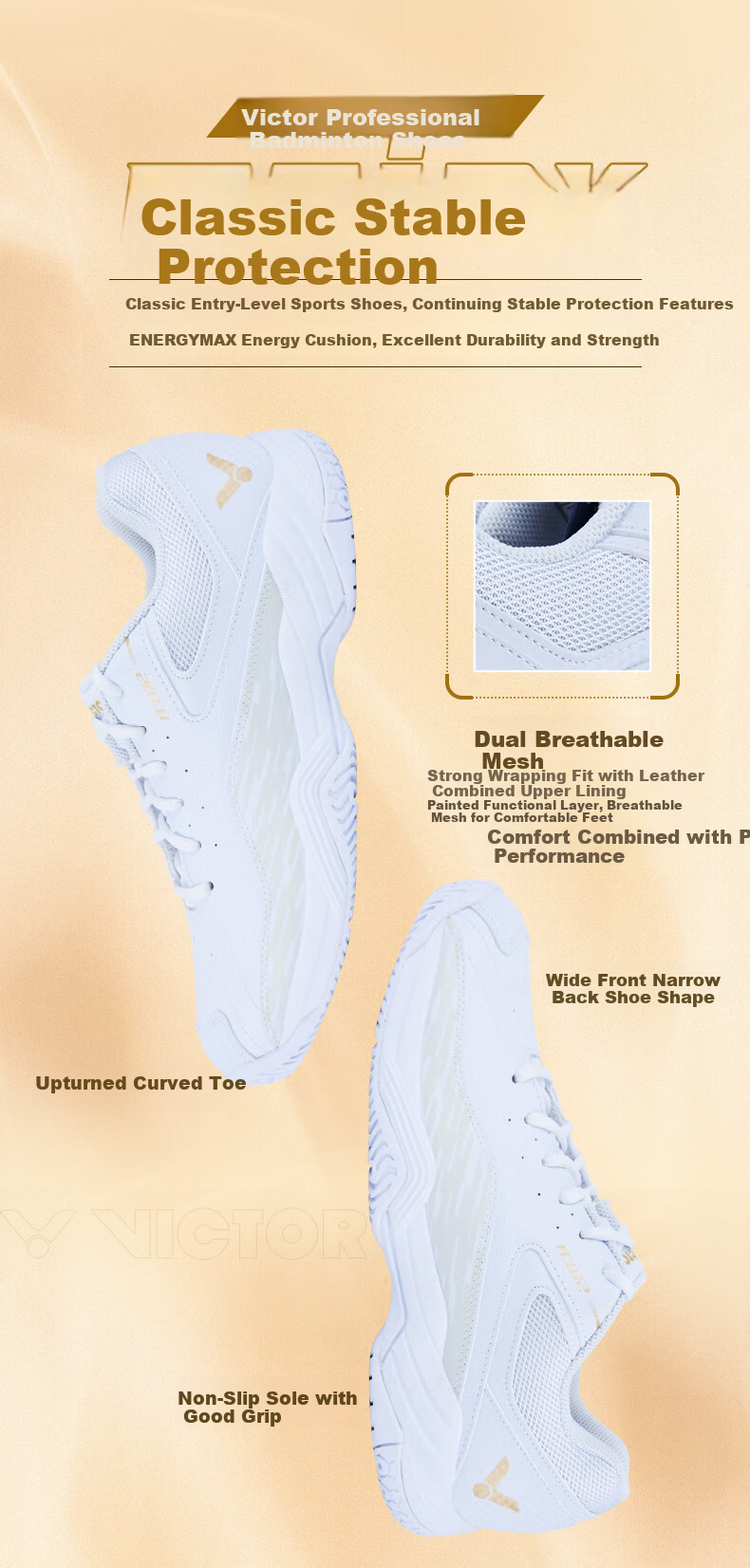 VICTOR Victory Badminton Shoes Unisex A102 High Elasticity Stable Sports Badminton Shoes White Gold Color Size 39 3