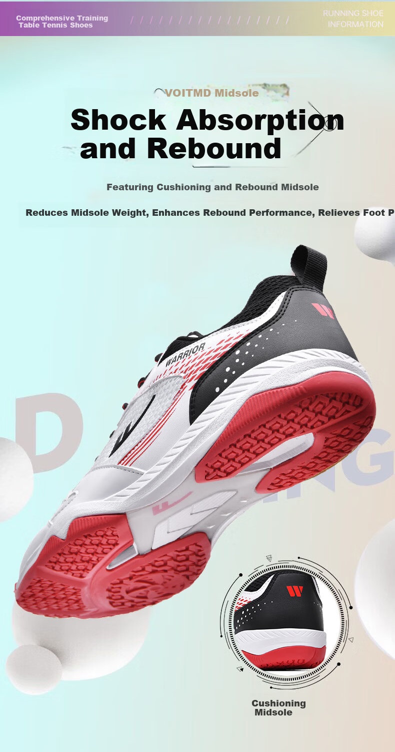 Warrior WXY-181 Table Tennis Shoes Professional Breathable Non-Slip Unisex Parent-Child Style White Black Red Size 39 7