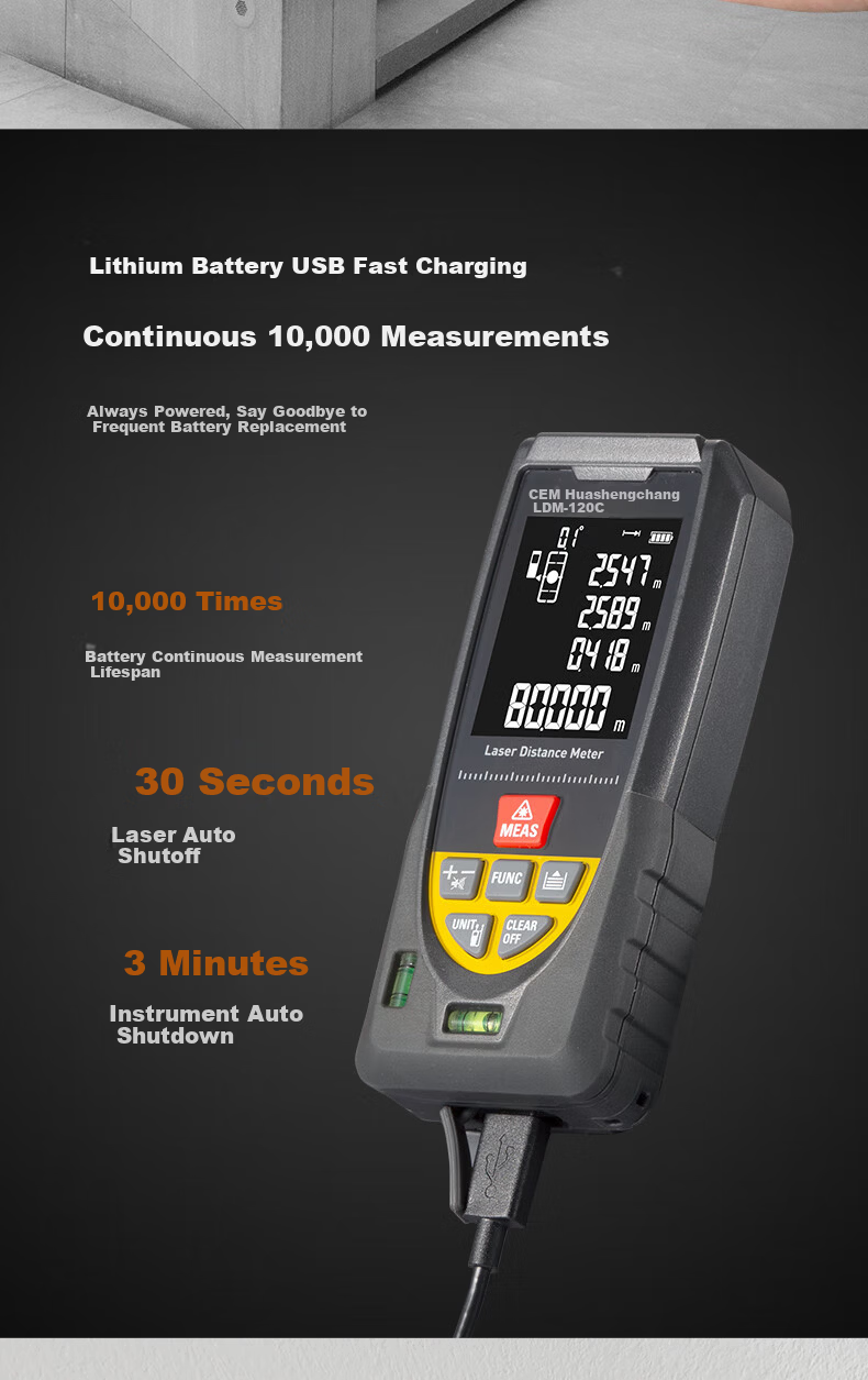 CEM LDM-80C Laser Distance Meter, High-Precision Laser Infrared Room Measuring Device, Electronic Ruler with Voice Playback, USB Direct Charging, 80 Meters Range 3