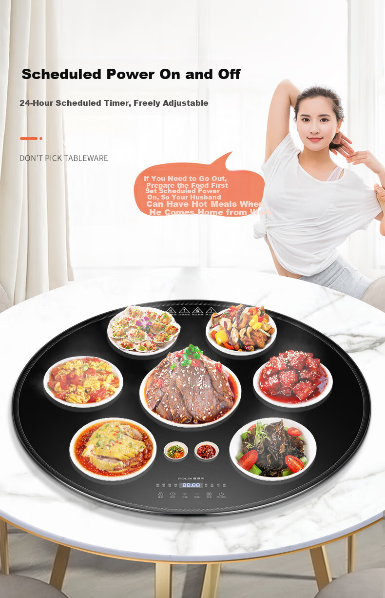 Fudelai Heated Food Warming Board with Induction Cooker Hot Pot Automatic Rotating Household Food Warmer Multifunctional Electric Dining Table Turntable Round Black 120cm 21