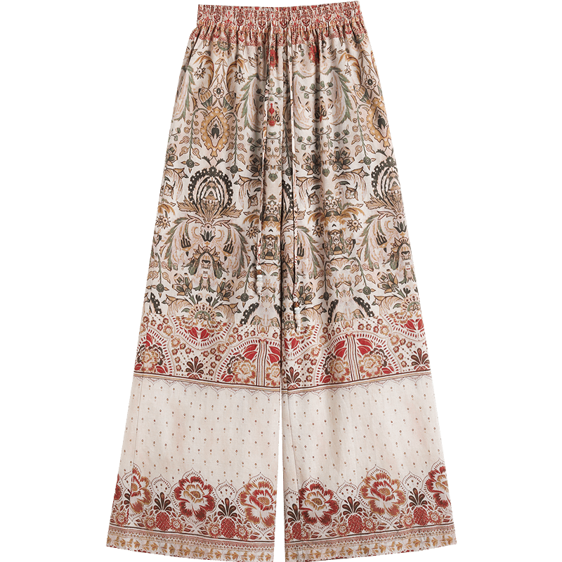 Demana Fresh Cotton Summer Bohemian Paisley Elastic Waist Straight Slim Casual Pants for Women Premium Feel