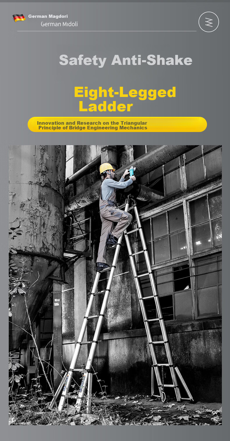 Midoli Telescopic Ladder Multi-Functional Household Folding Ladder Thickened Aluminum Alloy Adjustable Engineering Ladder Eight-Leg A-Frame Ladder 5.5m 4
