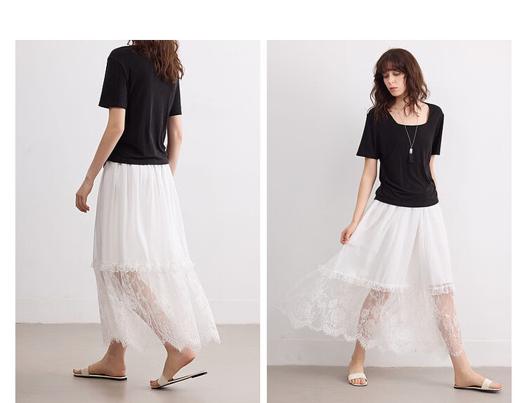 Demana [Yunsha Manwu] Summer Fresh Sweet Lace Splicing Lightweight Flowing Elastic Waist Mid-Length Skirt for Women 8