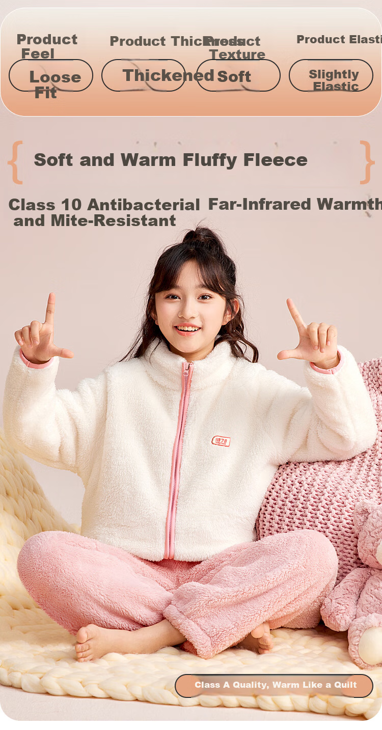Hodohome Girls' Antibacterial and Anti-Mite Fleece Thickened Far-Infrared Warm Bubble Fleece Stand Collar Pajamas 702 Size 140 1