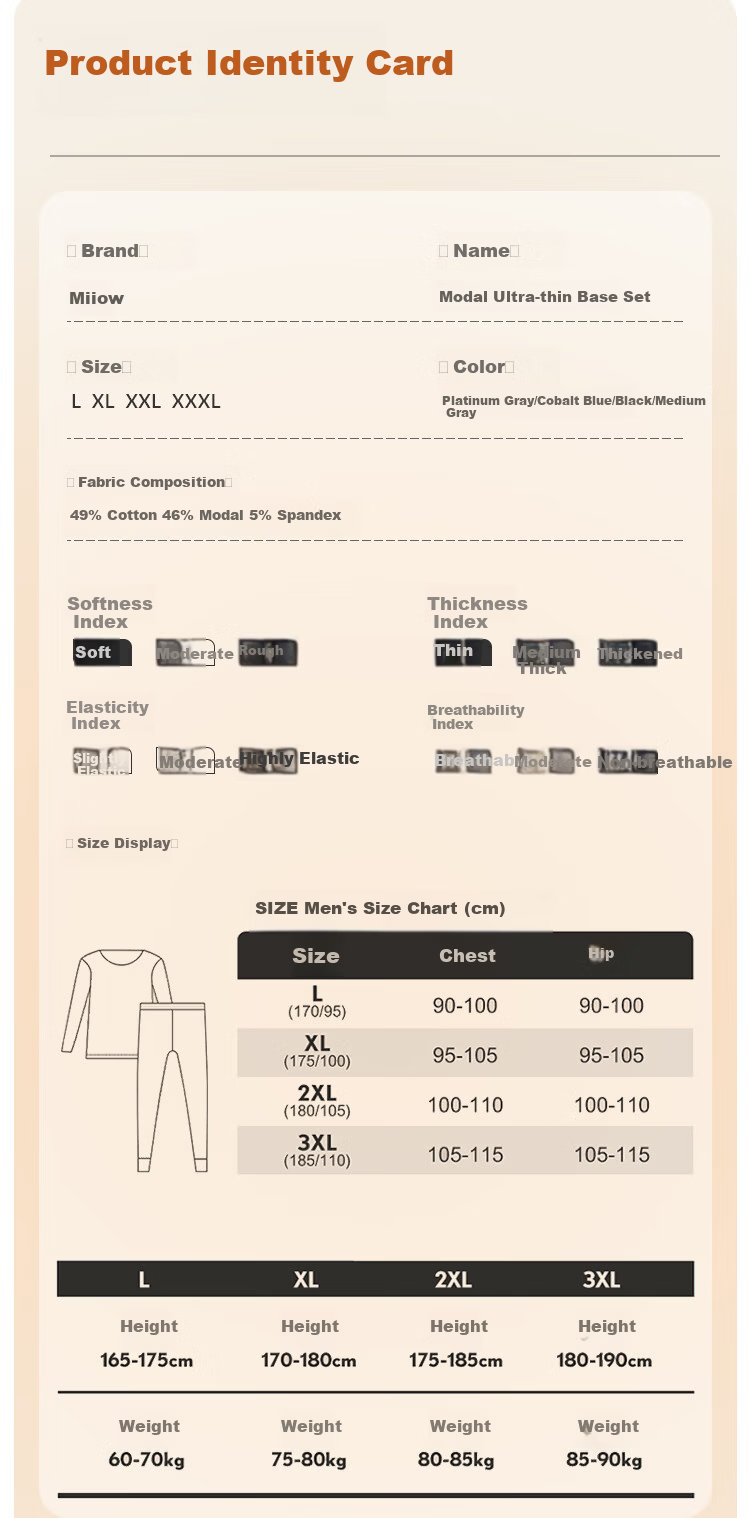 MiiOW 80S Modal Xinjiang Cotton Men's Thermal Underwear Set, Autumn Undershirt And Pants, Slim-Fit Base Layer Cotton Sweater, Heather Gray 15