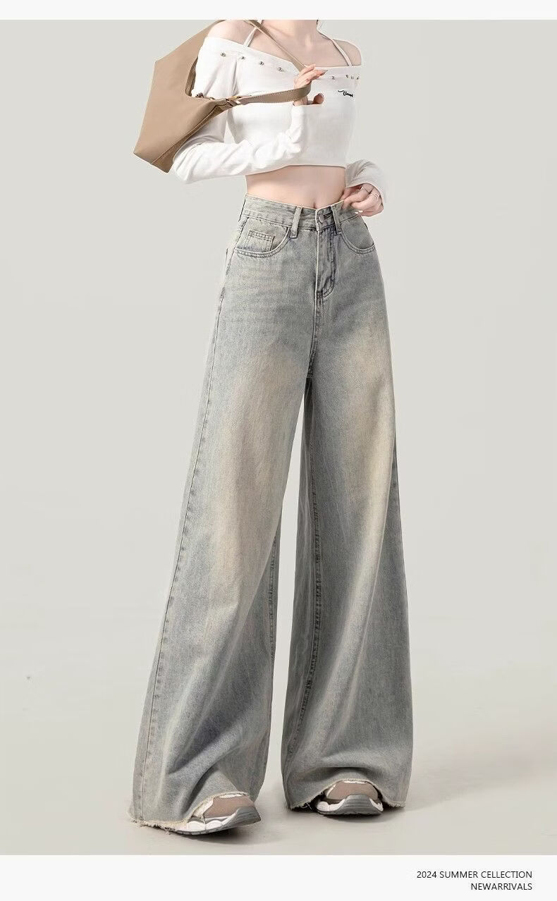 Jeanswest Women's Jeans 2026 Vintage Washed Straight High Waist Loose Distressed Raw Hem Wide Leg Pants Nostalgic Blue L 9