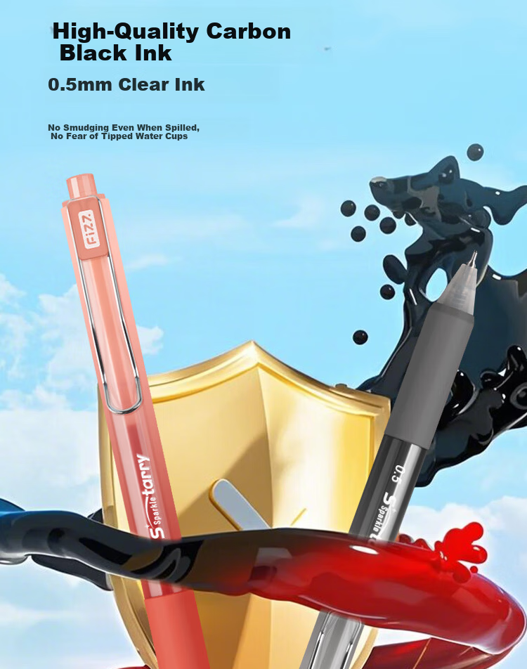 Fizz Chenhai Blue Quick-Dry Retractable Gel Pen 0.5mm Low Center of Gravity Dual Ballpoint CS Black Tip High Capacity Office Signature Pen Student Exam Pen 3-Pack B73019 1