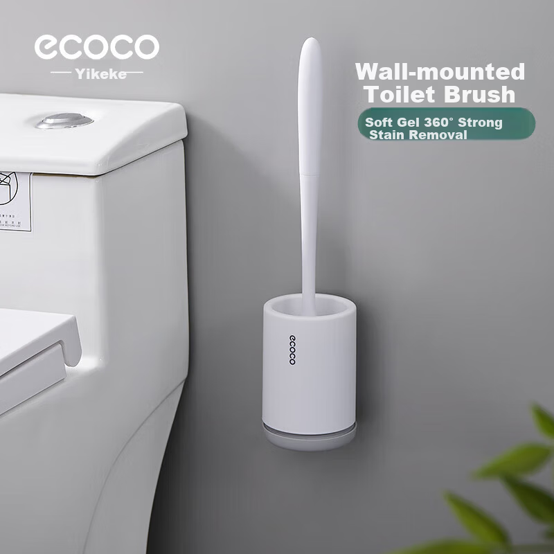 Ecoco Toilet Brush with Base Round Head Toilet Cleaning Brush Set No Dead Angle Household Long Handle
