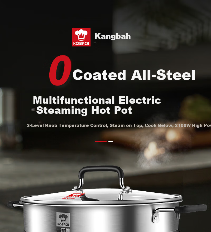 Kambach Small Electric Hot Pot 1-2 Person Non-Coated Stainless Steel Ultra-Fast Boiling Multi-Functional Household Electric Frying Pan 304 Hot Pot Steamer 24cm 1