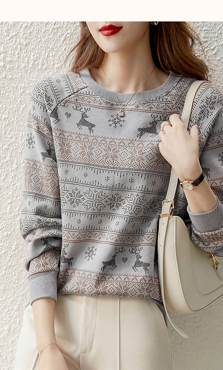 Demana [Forest Fawn] Lightweight Oxygen Cloud Cotton Ribbed Crewneck Printed Stretchy Long Sleeve Sweatshirt for Women 14