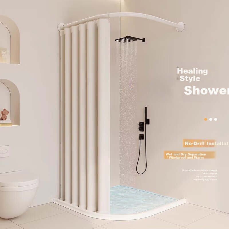 Honglu Shower Curtain Set Punch-Free L-Shaped Invisible Waterproof Mildew-Resistant Fabric Bathroom Partition Curtain Curved Shower Wet and Dry Separation