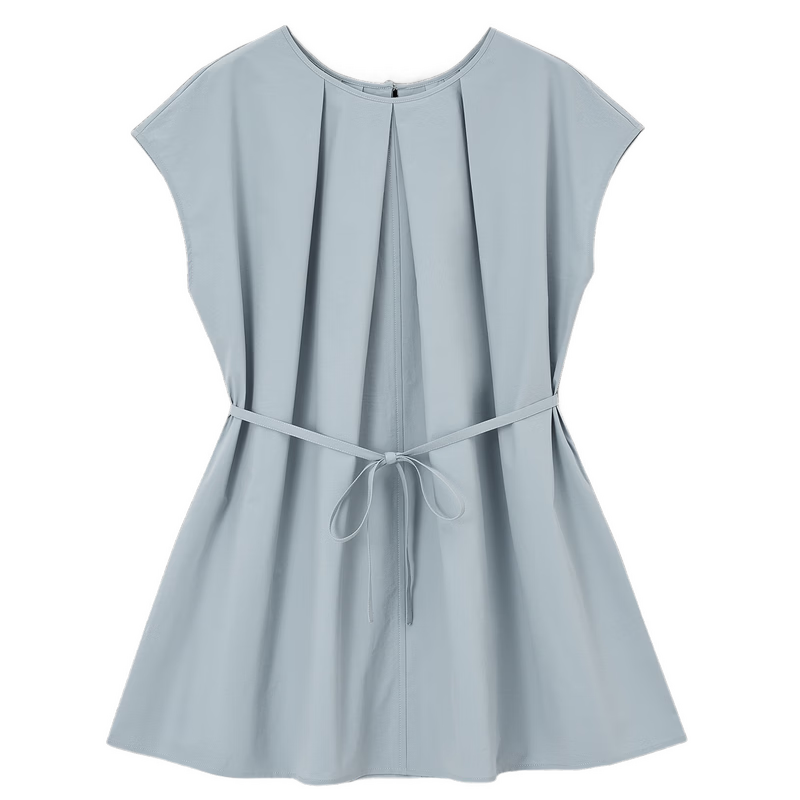 Demana Sun Protection Quick-Dry Sorona Summer Simple Style Pleated Round Neck Cap Sleeve Self-Fabric Belt Shirt for Women Premium Feel