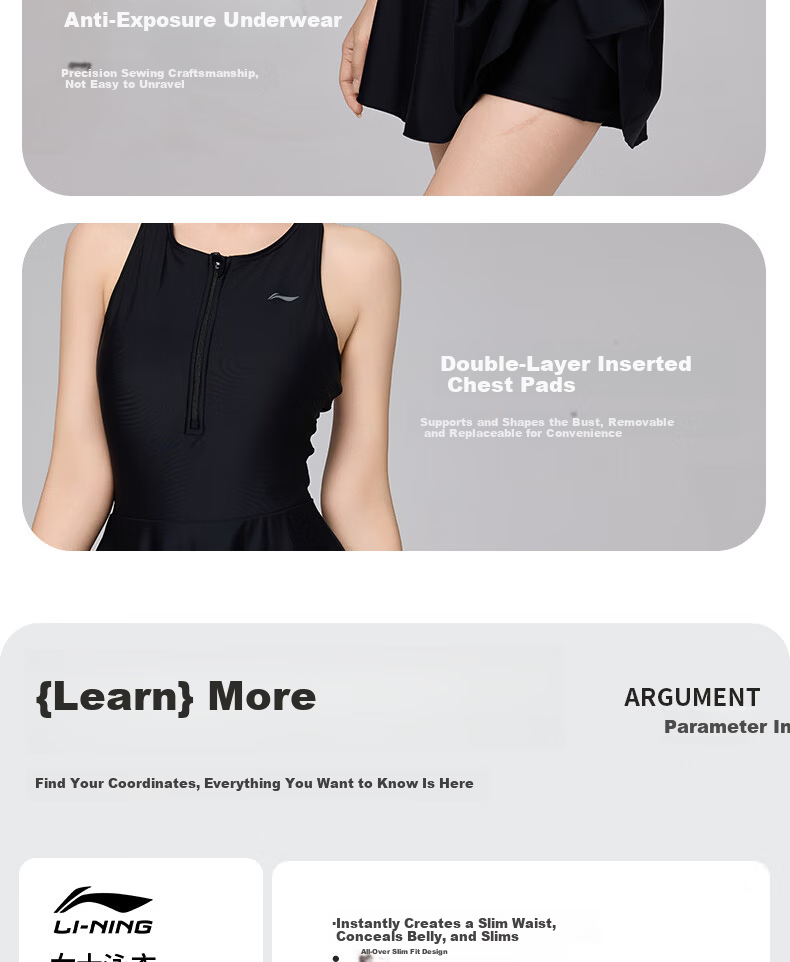 LI-NING 2025 New Women's One-Piece Swimsuit Beach Vacation Plus Size Tummy Control Slimming Skirt Swimdress Black M 7