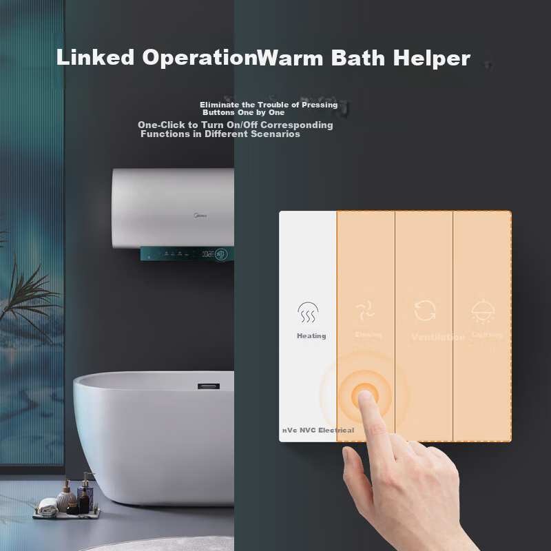 NVC Lighting Electrical Switch Socket Universal Waterproof Bathroom Switch Panel Four-Gang Heater Switch White