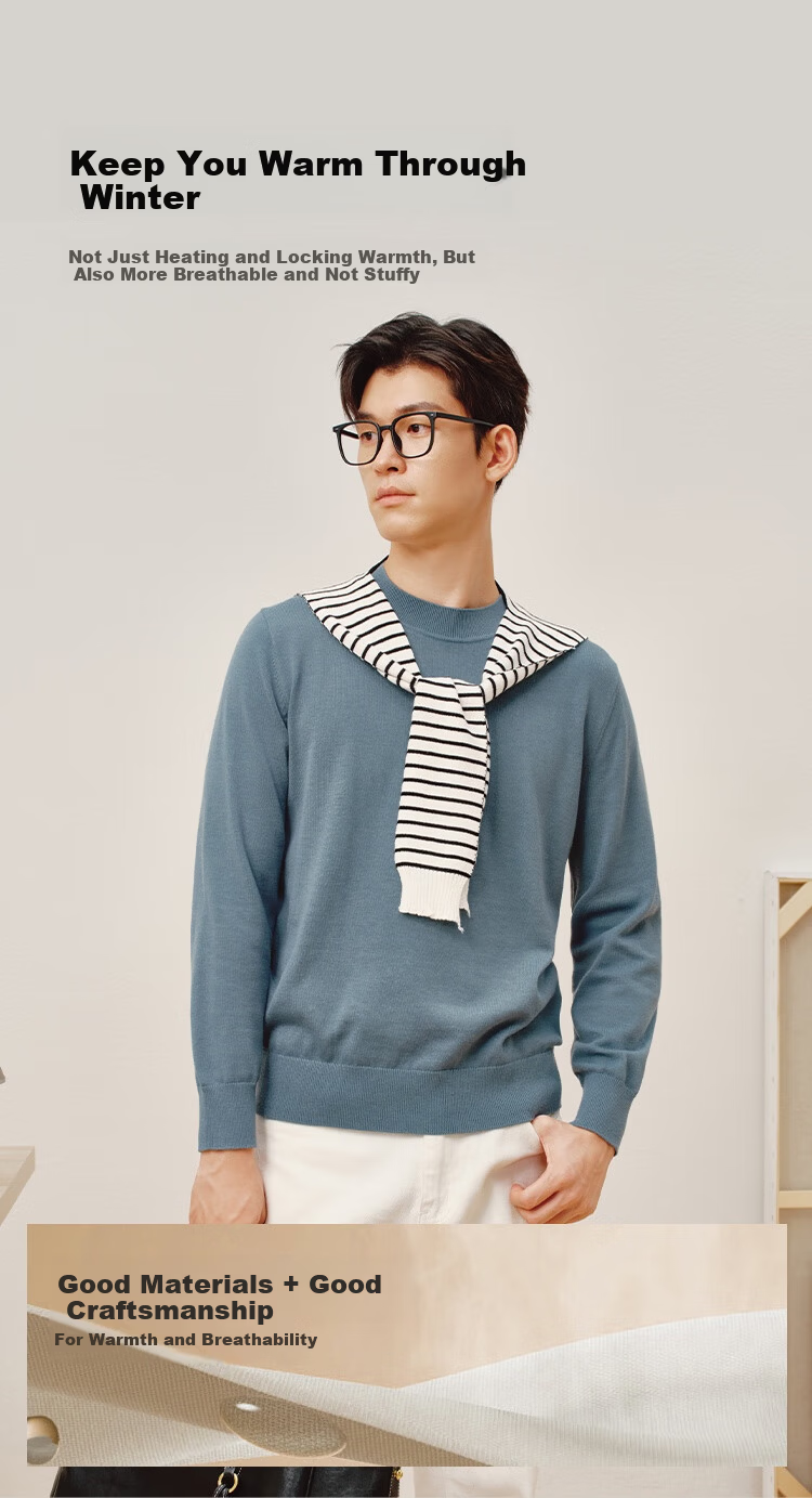 JD Original [Machine Washable] Warm Sweater for Men, Round Neck Knitted Pullover, Soft Base Layer Woolen Sweater, Oatmeal Color, M Size 7