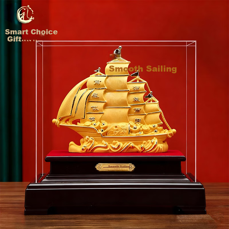 HUI XUAN LI Smooth Sailing Sailboat Ornament Velvet Gold High-End Grand Housewarming Opening Gift Office Living Room Entryway Decoration