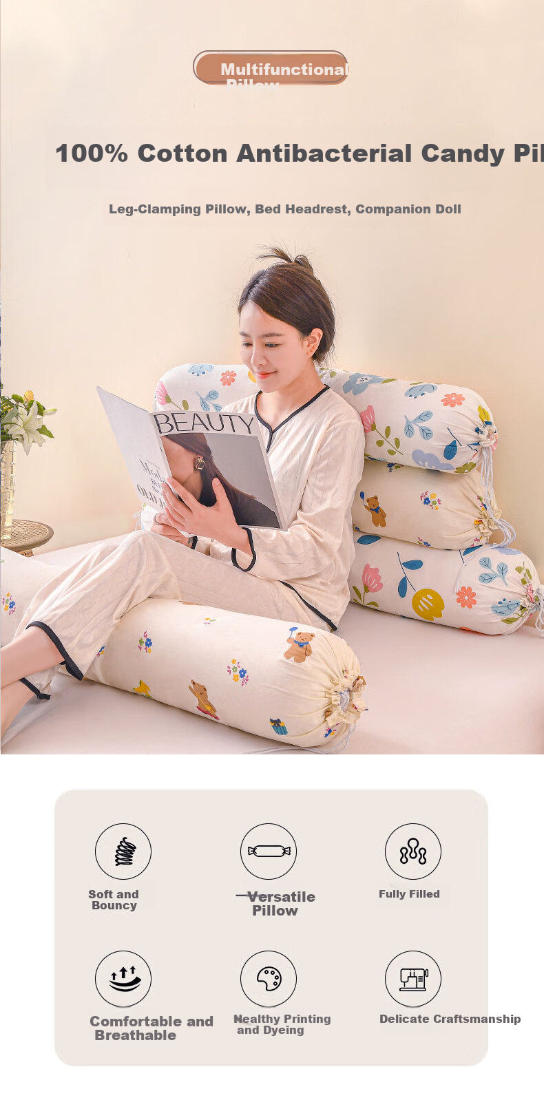 Jinhao 100% Cotton Antibacterial Candy Body Pillow Long Bolster Side Sleep Leg Hugging Pillow Removable Washable 1.1m Banxia 1