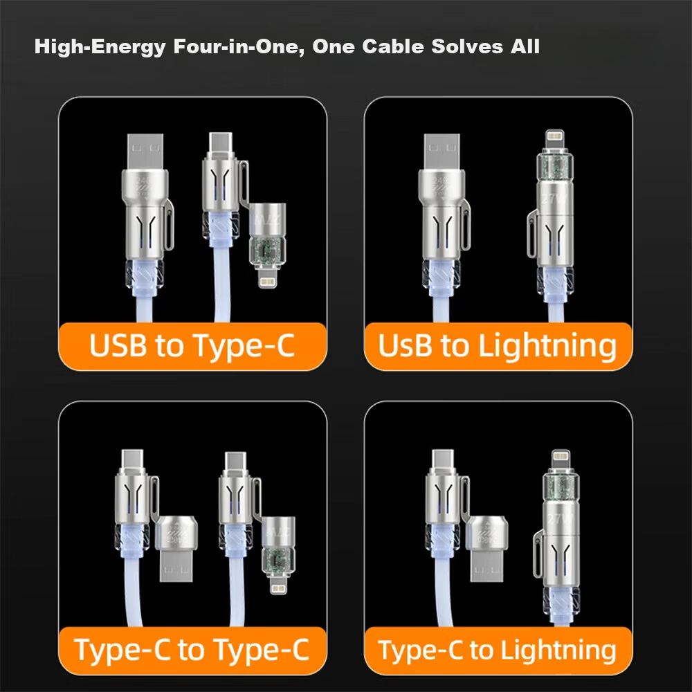Beimo Glowing Four-in-One Spring Scented Core Data Cable 240W Fast Charging Car Projection Compatible with Apple 17/Huawei/Xiaomi/Honor/Vivo/Oppo 2m Blue