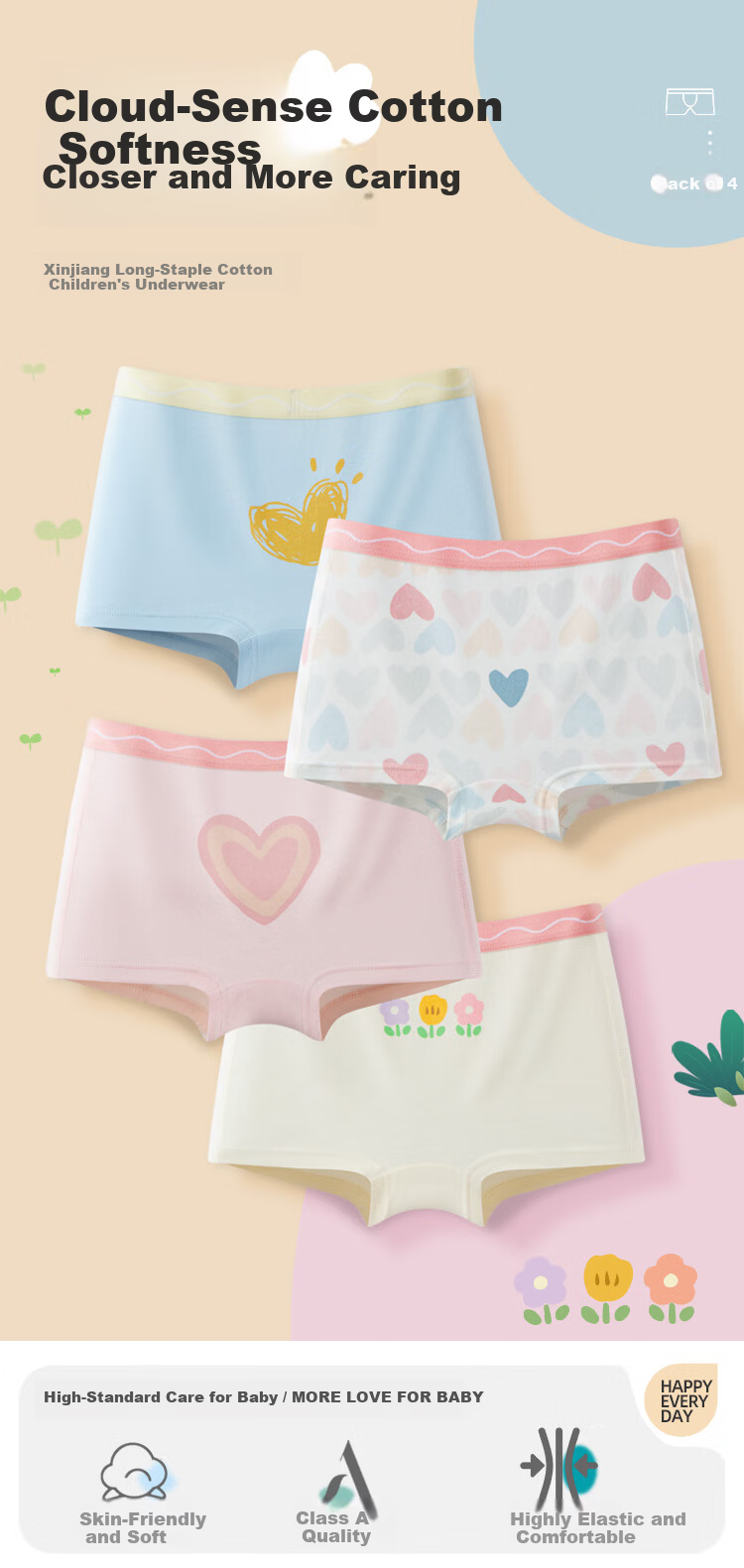 Hodo Kids Cotton Antibacterial Underwear 4-Pack Unisex Shorts Huapan Yu 130 1