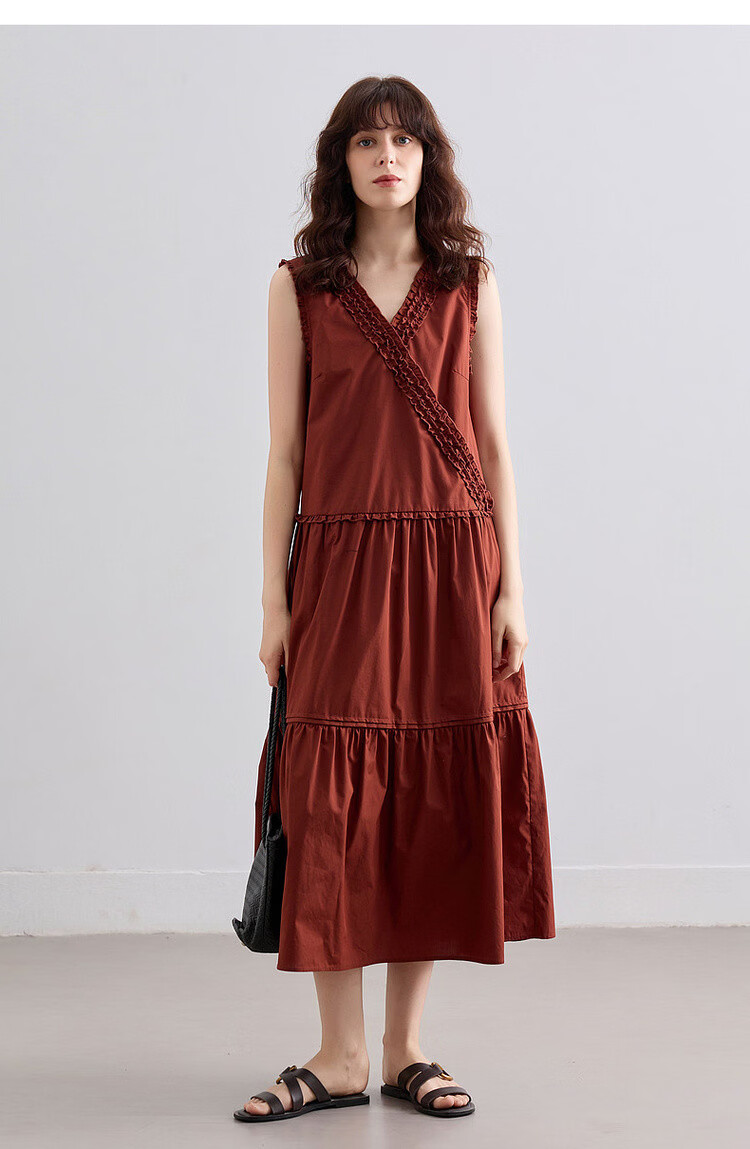 Demana [100% Cotton Poplin] Summer French Style Cross V-Neck Sleeveless Ruffle Slim A-Line Mid-Length Dress for Women 17