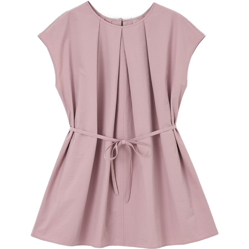 Demana Sun Protection Quick-Dry Sorona Summer Simple Style Pleated Round Neck Cap Sleeve Self-Fabric Belt Shirt for Women Premium Feel