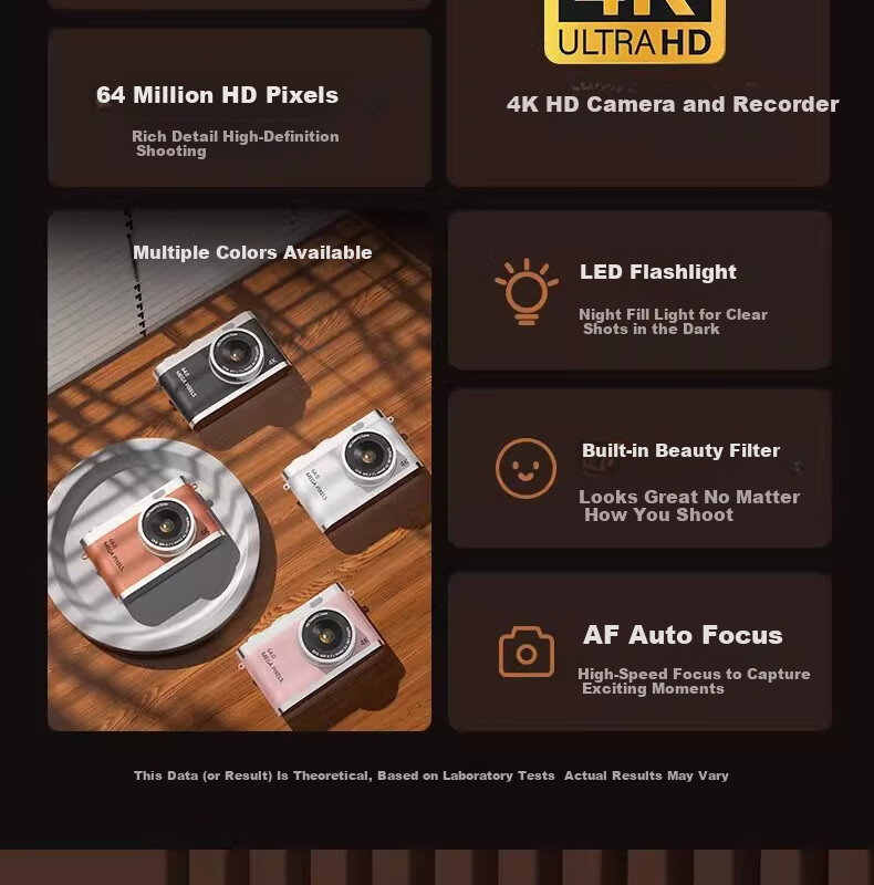 Black Cat Diary DK17 Digital Camera CCD Student Retro Campus Mini Camera Handheld Vlog Entry-Level Shooting Y03 Kids Card Instant Portable Photo Toy Gift Brown 64G 4