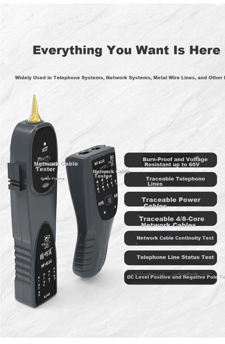 Smart Mouse NF-811G Network Cable Tester Telephone Line Tracker 60V Voltage Resistant Anti-Burn Cable Fault Locator 4