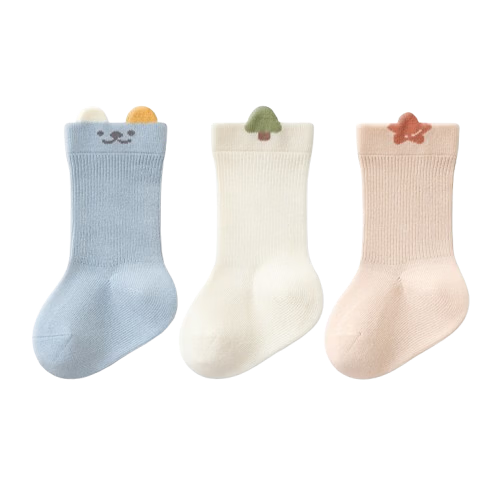 Five Cotton Flowers 3 Pairs Baby Socks Spring Summer Solid Color Children's Socks Boys Girls Combed Cotton Mid-Calf Cartoon Baby Socks