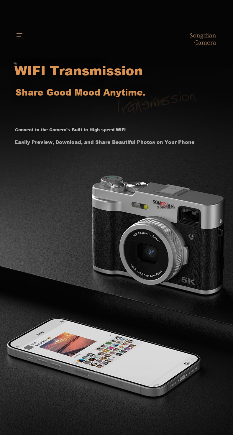SONGDIAN 5K HD Digital Camera Vlog Entry-Level Student Mirrorless Camera DC203 Official Standard 32GB Memory 10