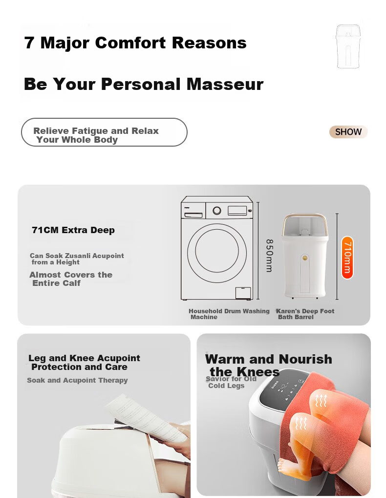CLORIS Germany 71CM Deep Foot Soaking Tub with Over-Knee Steam Foot Bath, Fully Automatic Electric Massage Heating Foot Basin, Mother's Day Gift F988 22