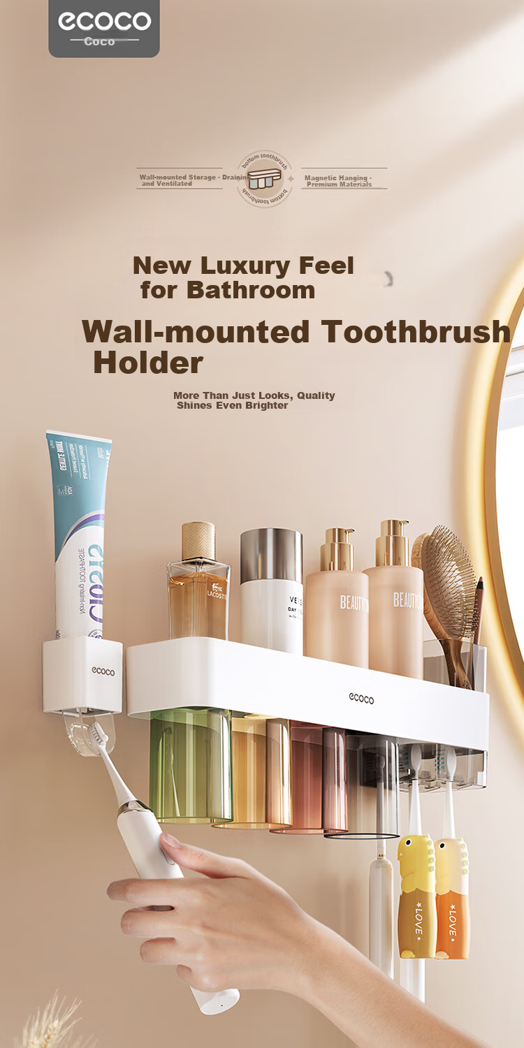 Ecoco Toothbrush Holder Premium Magnetic Rinse Cup Family of Four Cup Rack No-Drill Toothpaste Organizer 25043 1