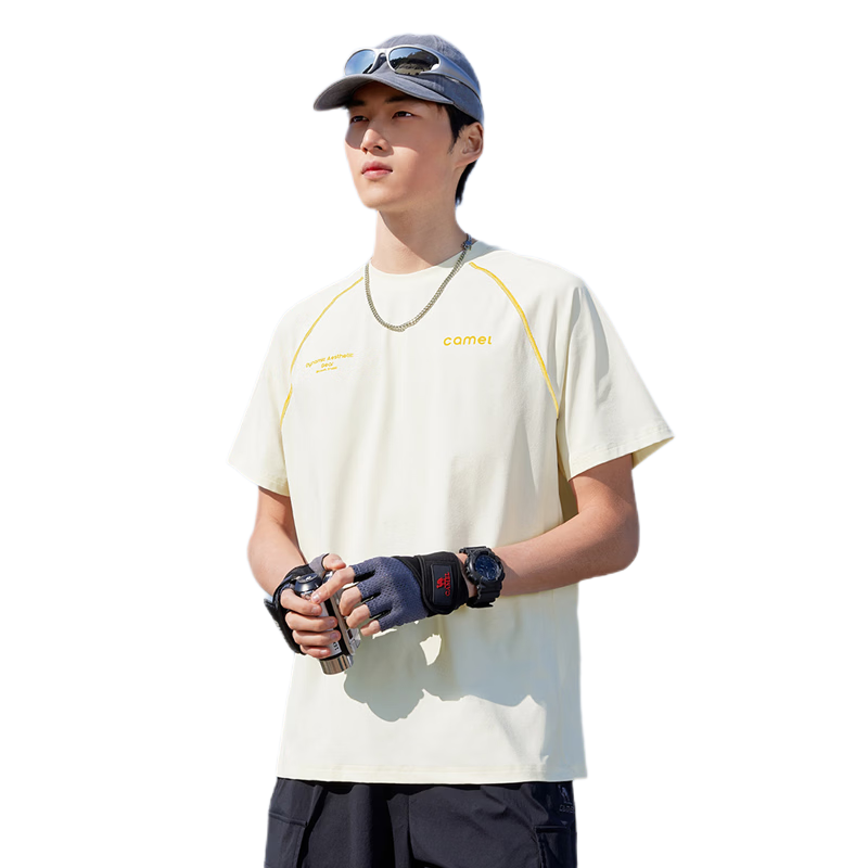 CAMEL Men's Sports Casual T-Shirt Round Neck Short Sleeve Quick-Dry Running Top C16BAYL6056 Ivory White M