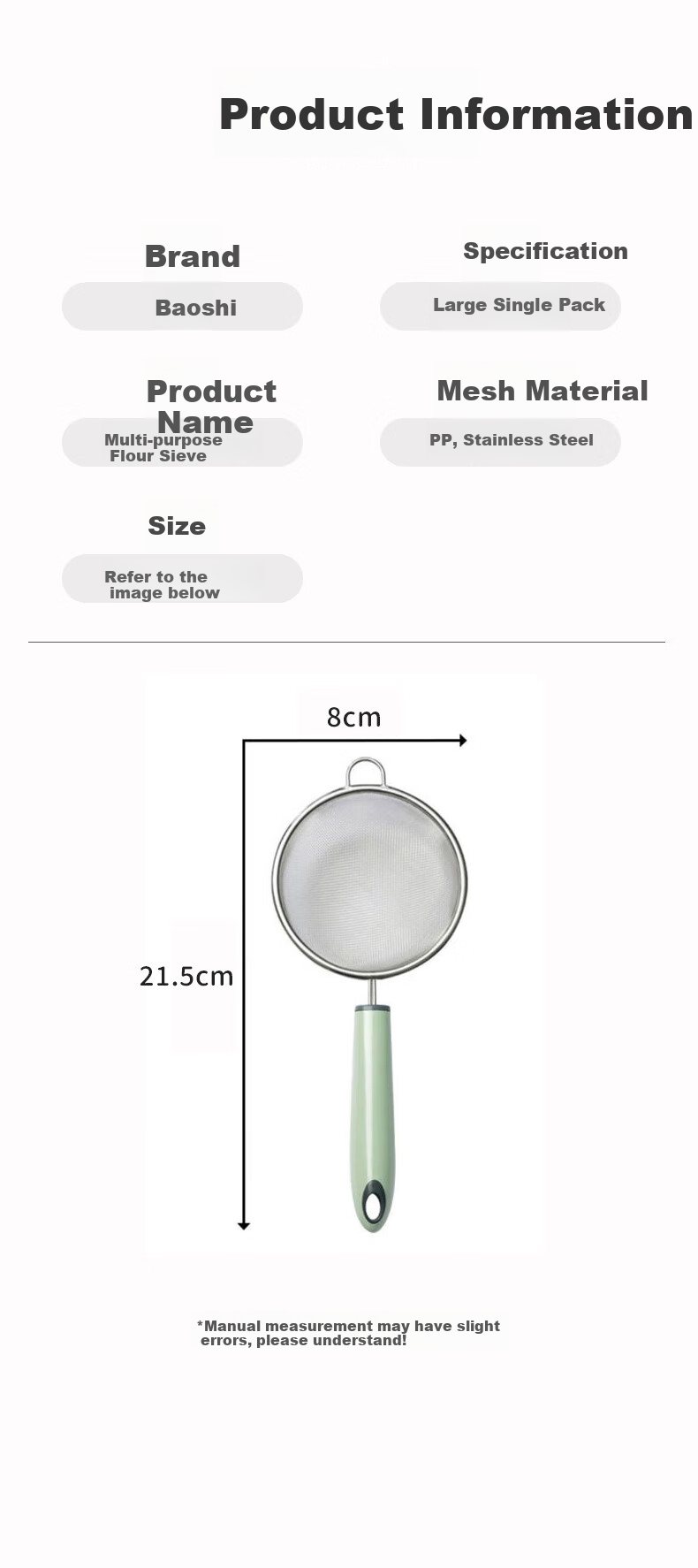 Baoshi Baby Food Strainer Filter Soy Milk Sieve Egg Tart Liquid Filter Stainless Steel Baking Tool Household 8