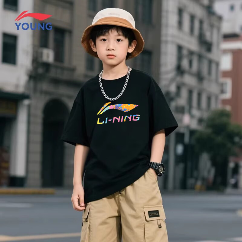 LI-NING Kids Short Sleeve Summer New Cotton Breathable Round Neck T-Shirt for Boys and Girls