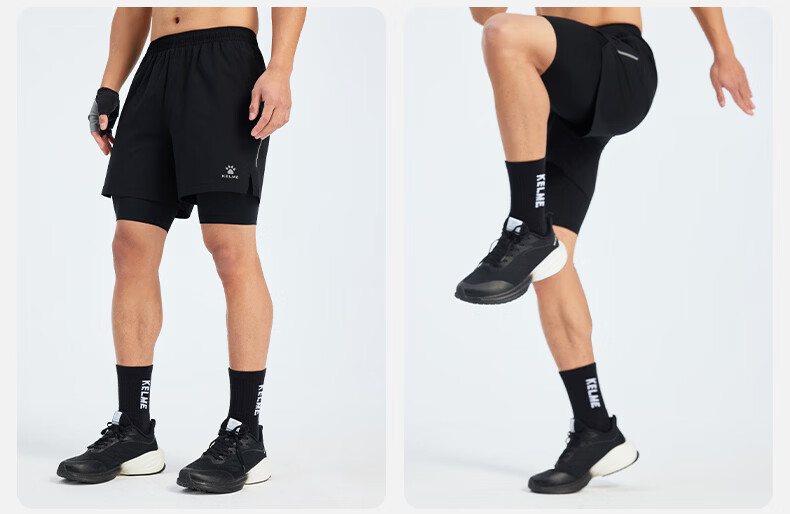 KELME Quick-Dry Men's Running Training Fitness Compression Antibacterial Two-in-One Sports Shorts Agate Black S 13