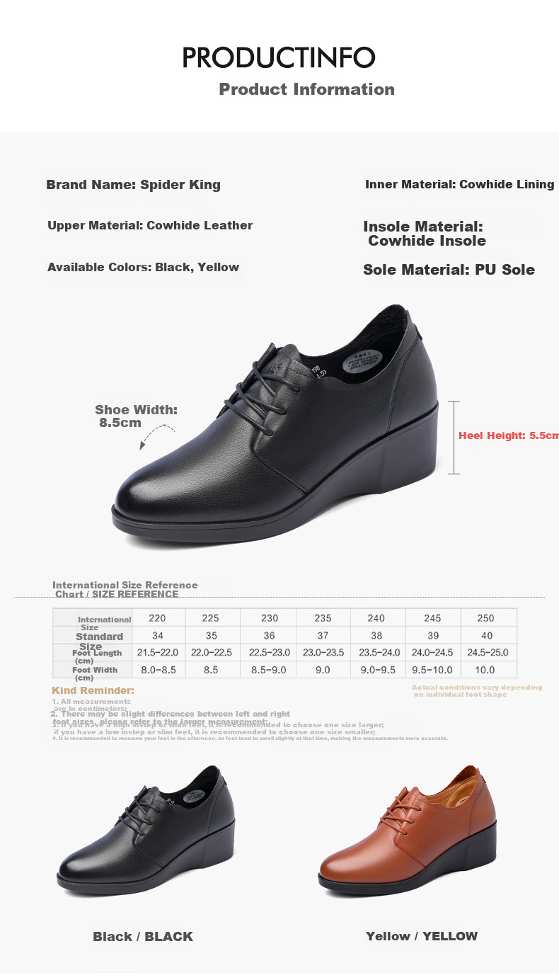SPIDER KING Women's Low-Cut Leather Shoes Comfortable Versatile Thick Sole Wedge Work Professional Mom Shoes Black Size 37 3