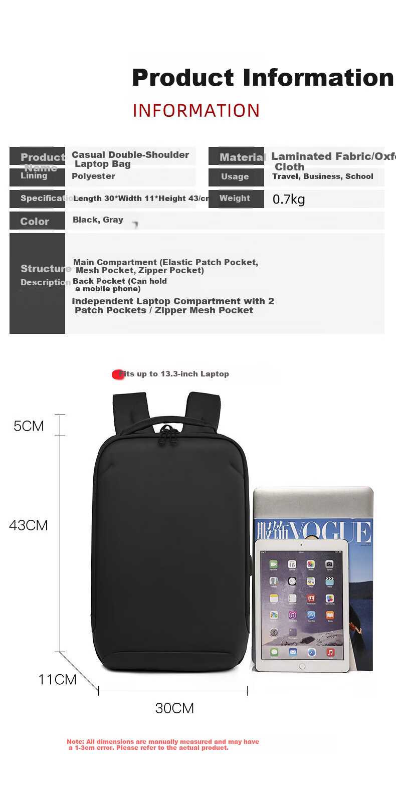 Biyoumei Men's Large Capacity 15-inch Laptop Backpack Casual Business Multifunctional Travel Student Shoulder Bag 11