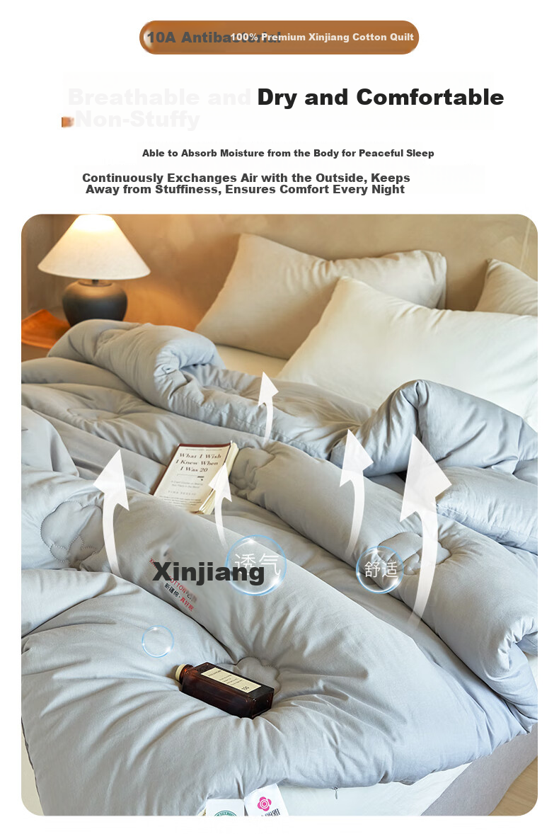 Grace 10A Antibacterial 100% Xinjiang Cotton Quilt Double Home Use Four Seasons Cotton Quilt Core Autumn Winter Quilt 150*200cm 6 Jin 7