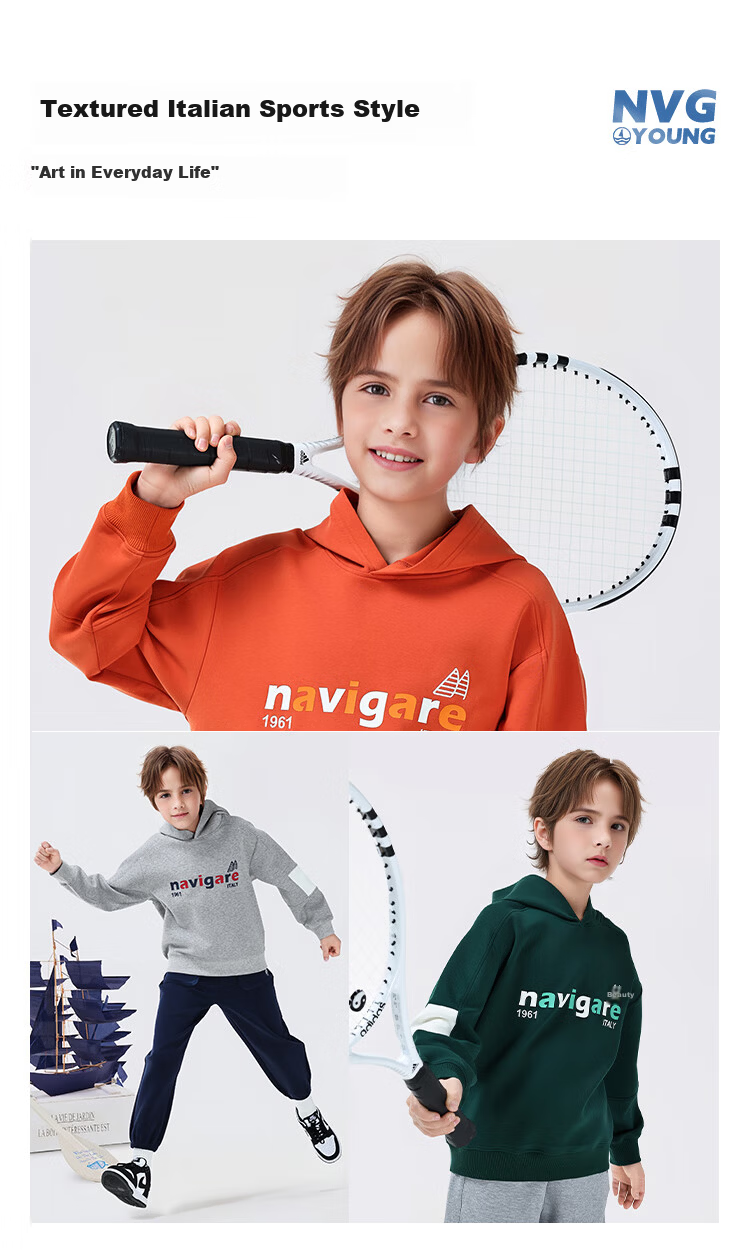 Navigare Boys' Hoodie Spring Children's Hooded Sweatshirt Student Casual Fashion Sailboat Letter Navy Blue 165 2
