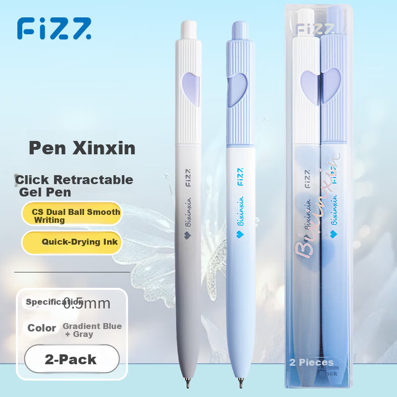 Fizz Quick-Dry Retractable Gel Pen 0.5mm Low Center of Gravity Dual Ballpoint CS Black Tip Office Signature Pen Student Exam Writing Pen 2-Pack Blue Ink B73016