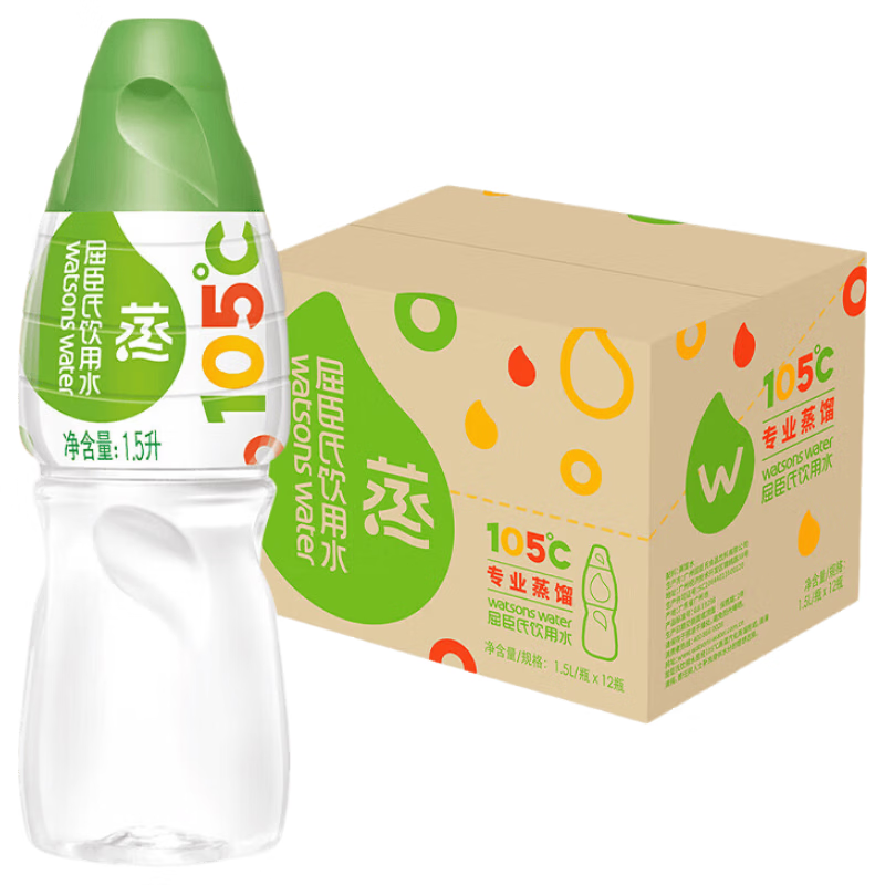 屈臣氏蒸馏水纯净水1.5L*12瓶 整箱大瓶装水饮用水运动泡茶煲汤