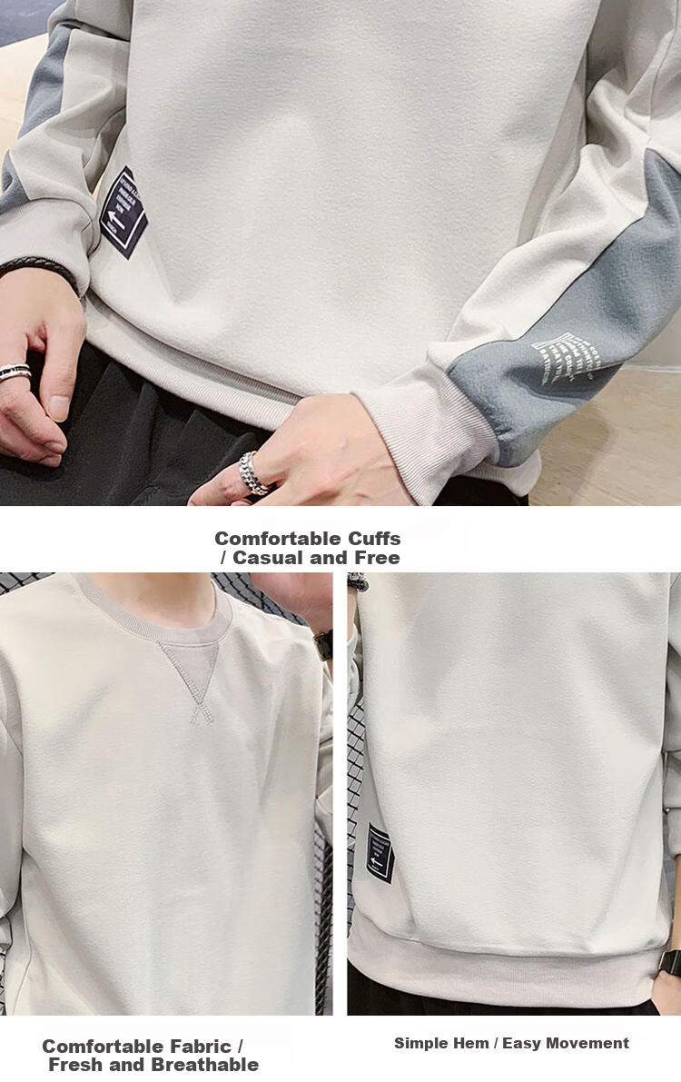 ROMON Men's Sweatshirt Spring and Autumn Long Sleeve T-Shirt Casual Round Neck White XL 14