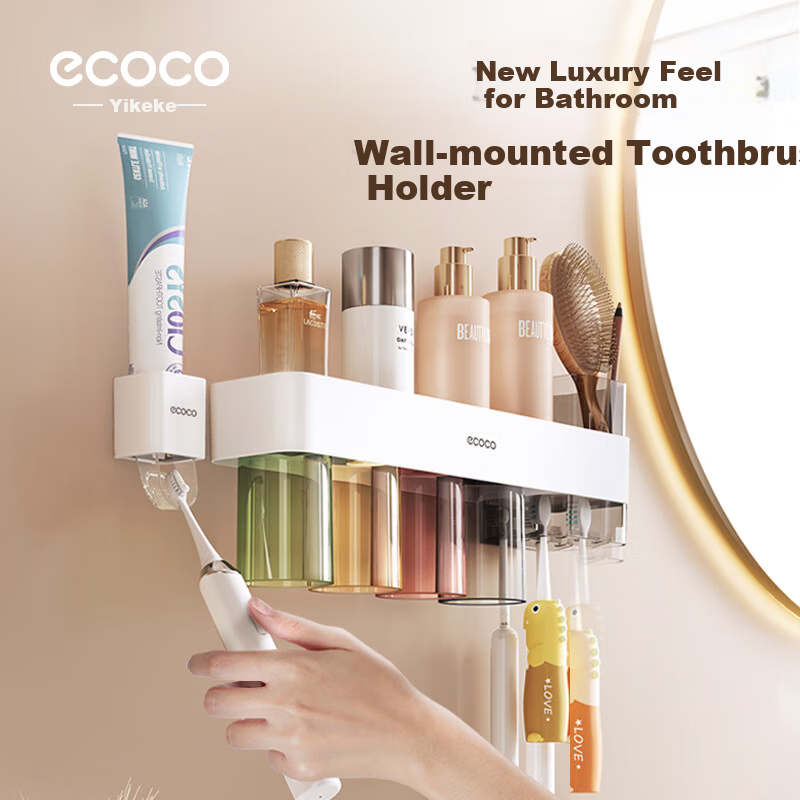 Ecoco Toothbrush Holder Premium Magnetic Rinse Cup Family of Four Cup Rack No-Drill Toothpaste Organizer 25043