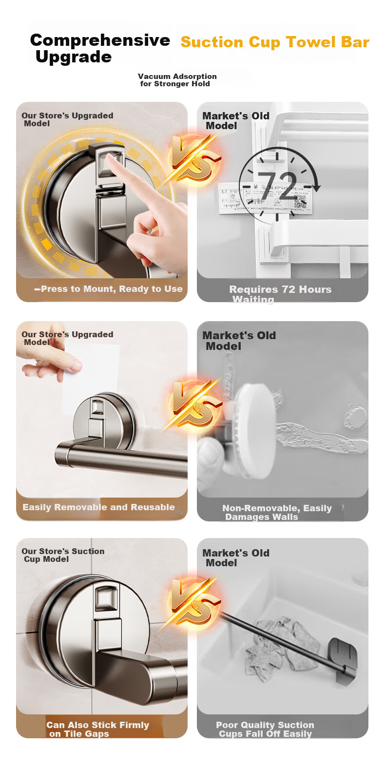 Baihan Suction Cup Towel Rack No Drilling Bathroom Storage Rack Wall-Mounted Towel Bar Toilet Bath Towel Organizer 1