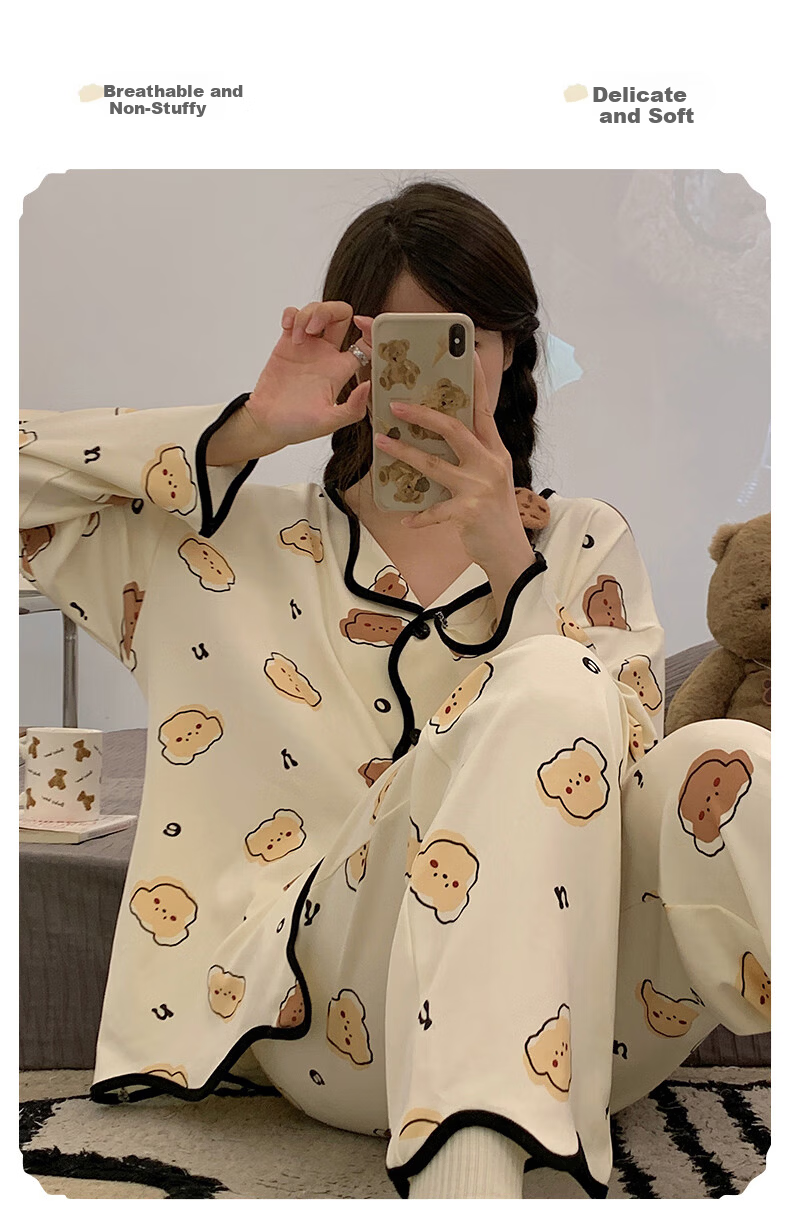 Hug Cotton Women's Pajamas Cartoon V-Neck Cardigan Loose Long Sleeve Long Pants Two-Piece Set Homewear Bear M 11