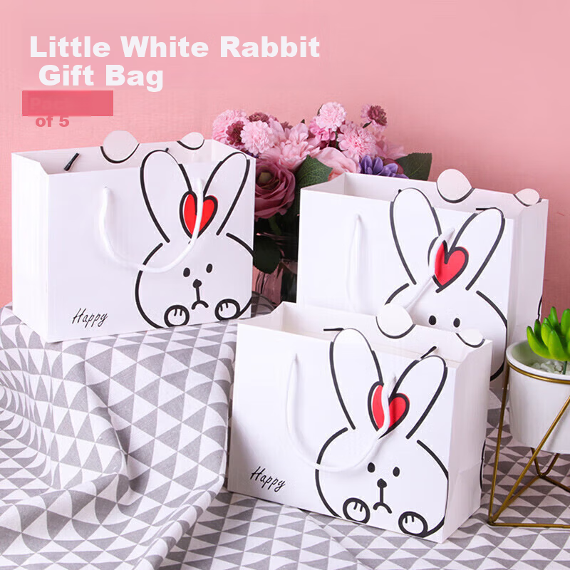 TaTanice Gift Bags, Set of 5, Valentine's Day Children's Gifts, Handbags, Gift Packaging Bags, Little White Rabbit Design, Set of 5